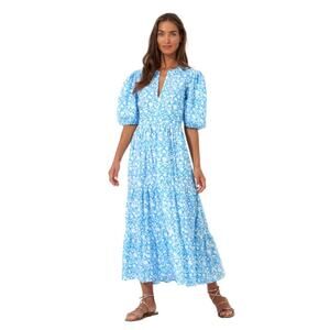 Oliphant Tuckernuck Canary Blue White Midi Maxi V-Neck Puff Sleeve Dress Small